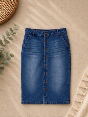 d.jeans Denim Button Front Skirt Size 14 Stretch Midi Blue Jean Skirt